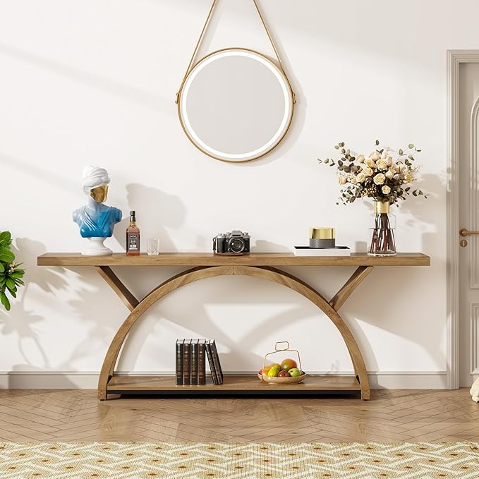 Tribesigns 70.87" Console Table with Storage Shelf, Narrow Long Sofa Table Behind Couch Table, 2-Tier Rustic Entryway Table with Half Moon Frame for Hallway Living Room, Gray & Black (Light Brown)