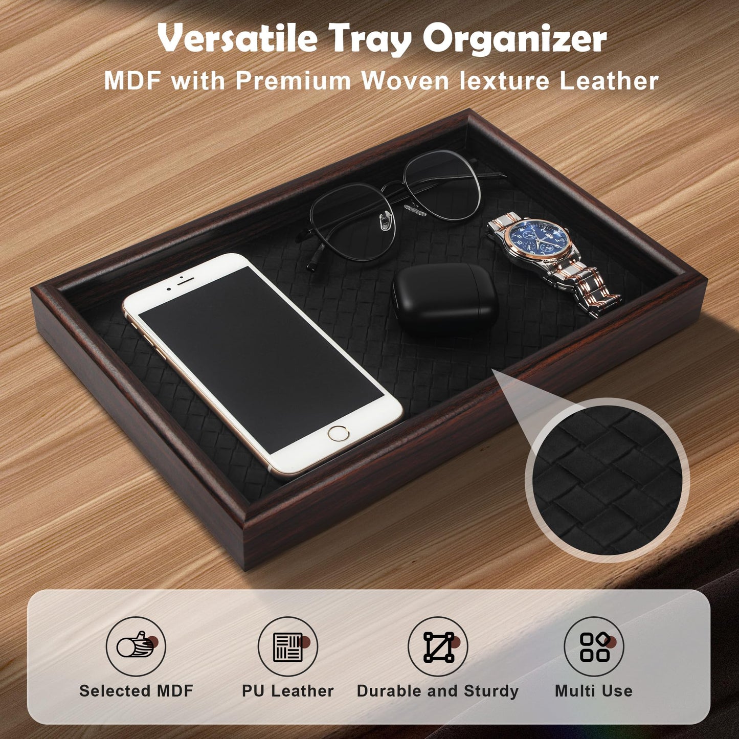 Zosenley Wooden Valet Tray with Leather Base - Nightstand Catchall Organizer for Cologne, Perfume, Keys, Wallet, Phone, Watch, Jewelry & Sunglasses (2Pcs Black)