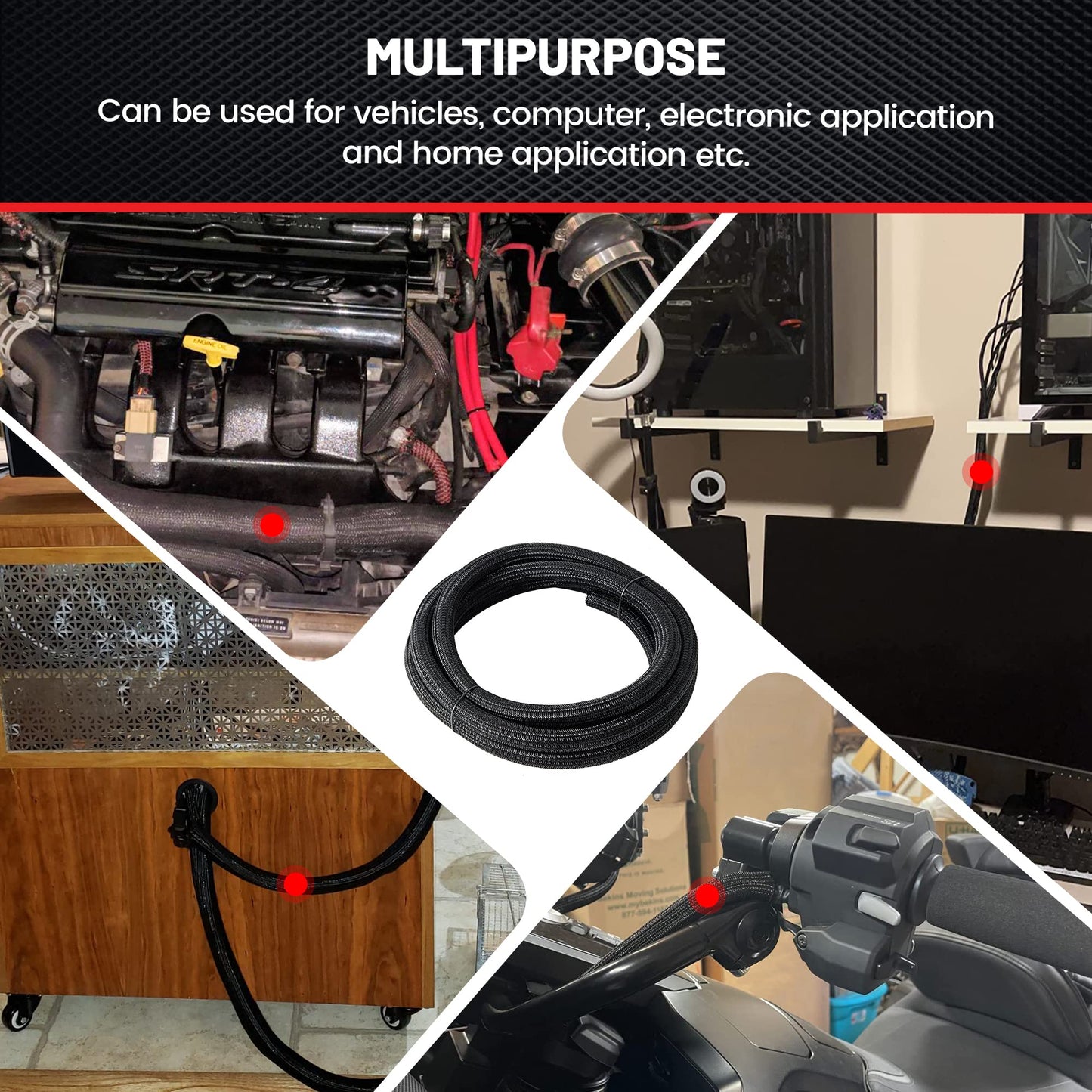 RED WOLF 1/4” x 10FT Cable Sleeves Cord Management Braided Wire Loom Sleeving Protector Wiring Cable Cover Flexible Self-Wrap for Automotive Home Office Anti-Scratch High-Temperature Black