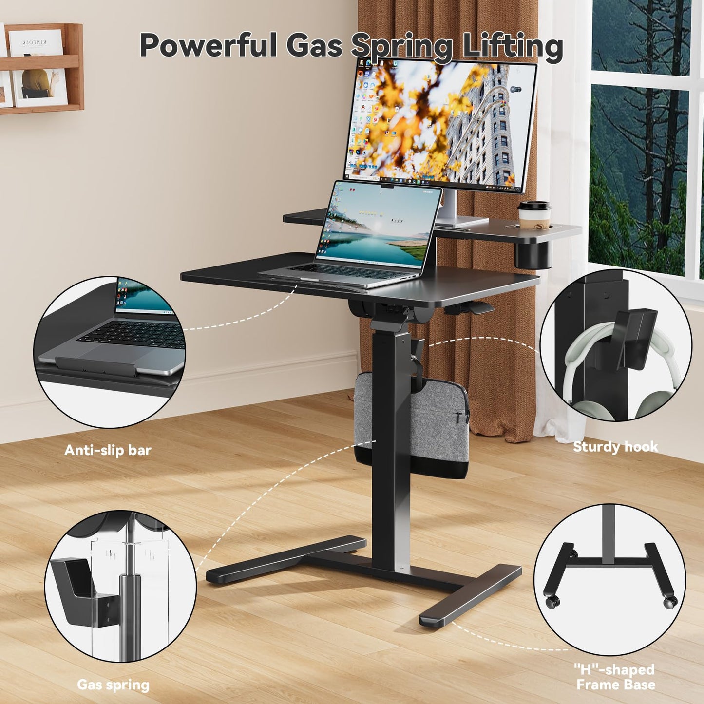 Liftsync 28Inch Rolling Standing Desk On Wheels， Small Computer Workstation Adjustable Height， Mobile Laptop Stand with Tiltable Desktop， 2-Tier Portable Study Table with Storage Shelves， Black