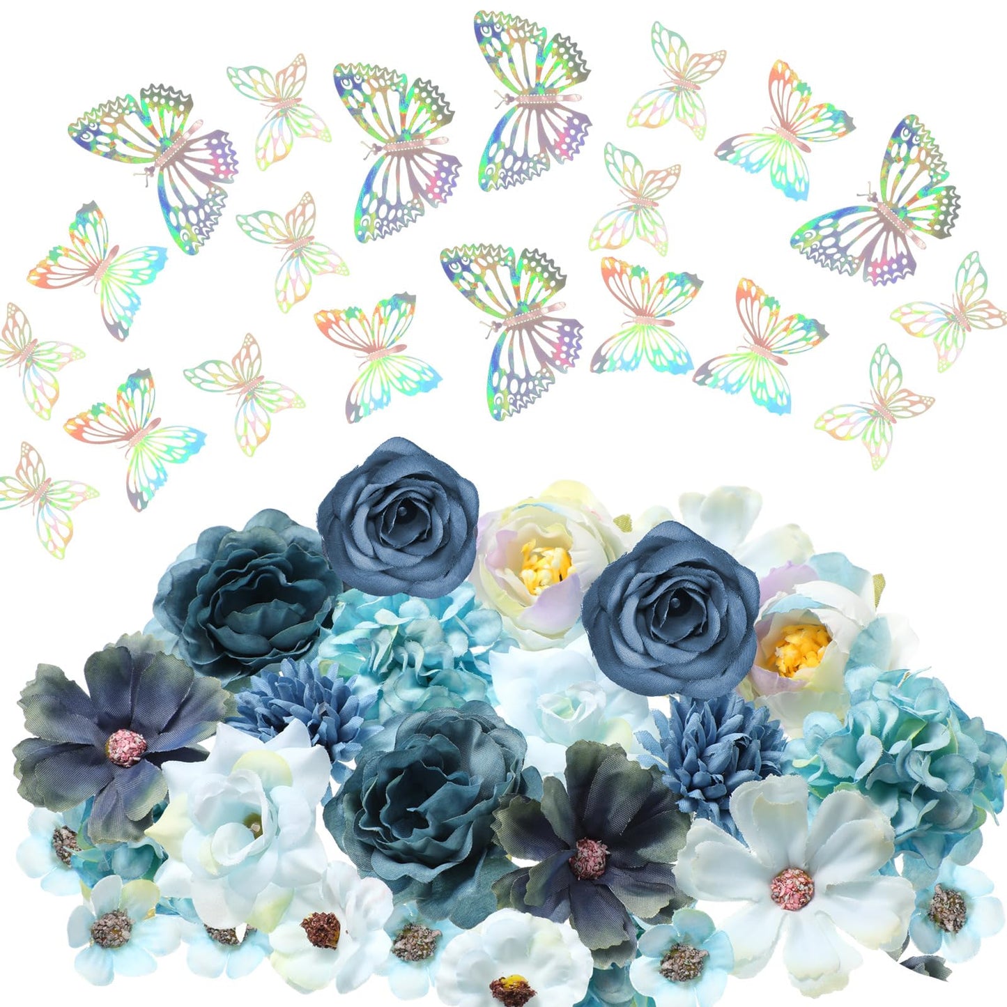 Canlierr 32 Pcs DIY Graduation Cap Decorations Accessory Kit Include Faux Flower Heads 3D Butterfly Grad Cap Decorations(Blue Tone)