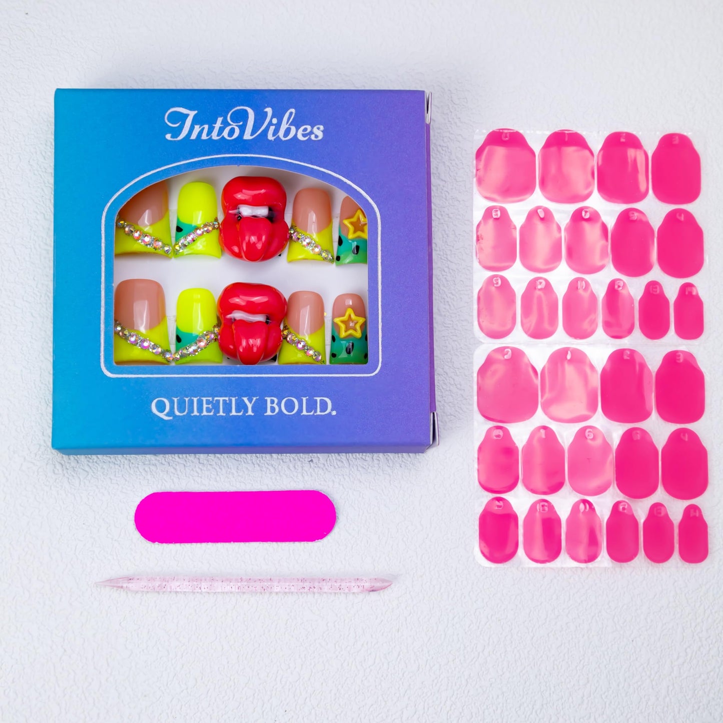 IntoVibes 10 Pieces Luxury Acrylic Press On Nails Short Handmade Duck Nails, Thickened False French Nails, Rhinestones, Yellow Star And 3D Red Lips, Reusable Fake Nails, Acrylic Nails (L)