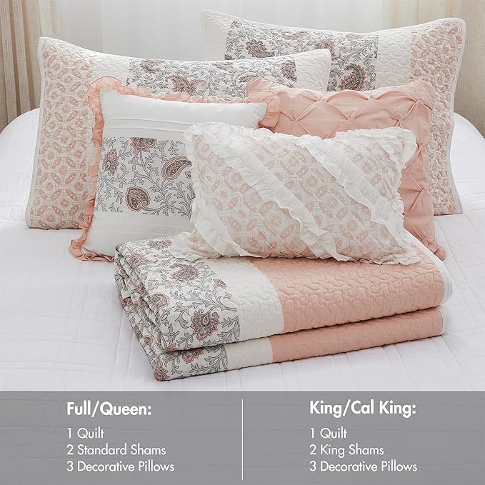 Madison Park 100% Cotton Quilt Set Floral Print, Double Sided Stitching, All Season, Lightweight Coverlet Shabby Chic Bedding Layer, Matching Shams, King/Cal King, Blush 6 Piece