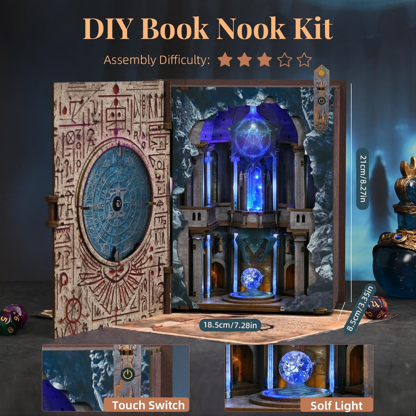 MiniCity DIY Book Nook Kit, 3D Wooden Bookend Bookshelf Insert Decor with LED Light, 278 Pcs Craft Kit for Teens & Adults (Circle of Magic)