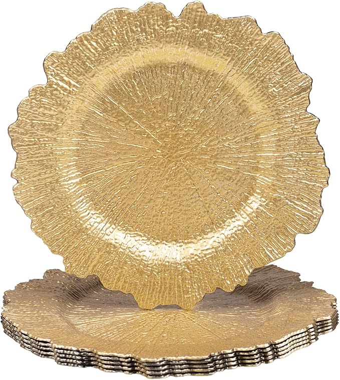 MAONAME 13" Gold Charger Plates, Round Reef Chargers for Dinner Plates, Plastic Plate Chargers for Table Setting, Wedding Decor, Set of 6