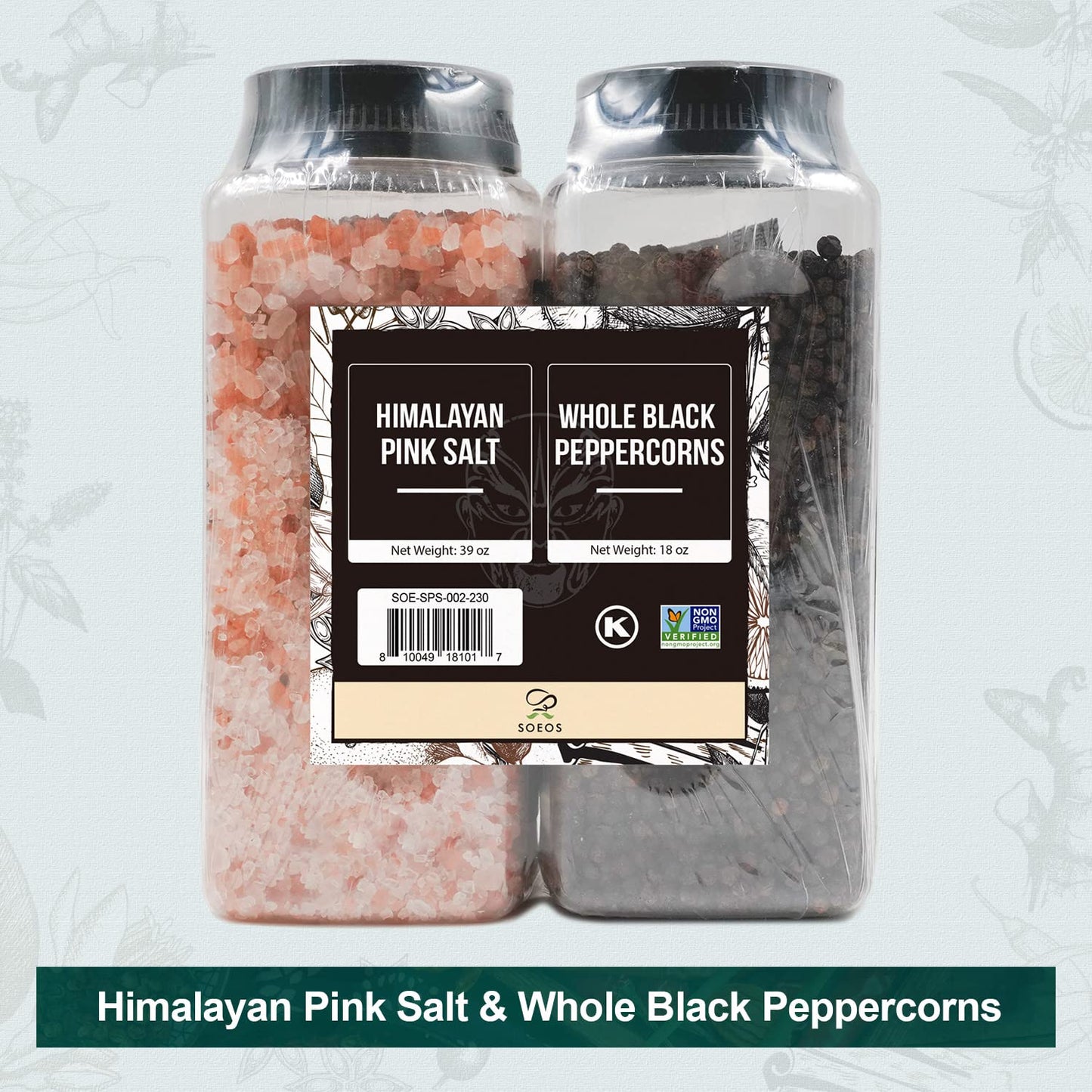 Soeos Himalayan Pink Salt 39 oz + Whole Black Peppercorns 18 oz, Coarse Grain, Kosher Salt for Grinder Refill, Salt and Pepper Grinder, Non-GMO Verified, Spice Seasoning Set for Cooking