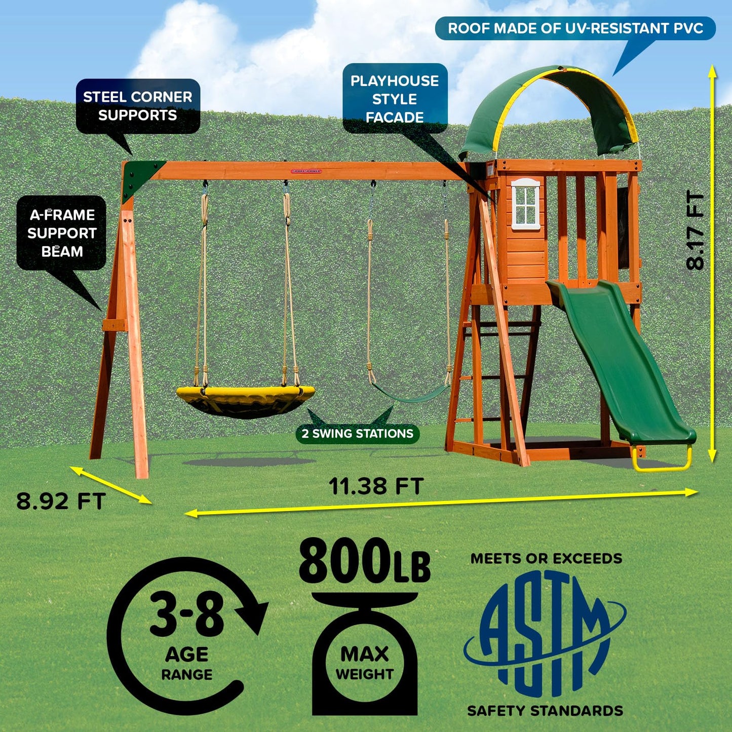 Sportspower Amanda Cedar Wooden Swing Set with Saucer Swing, 6FT Blow Molded Slide, Swing, Play Fort, Heavy Duty Double A-Frame, on Slide