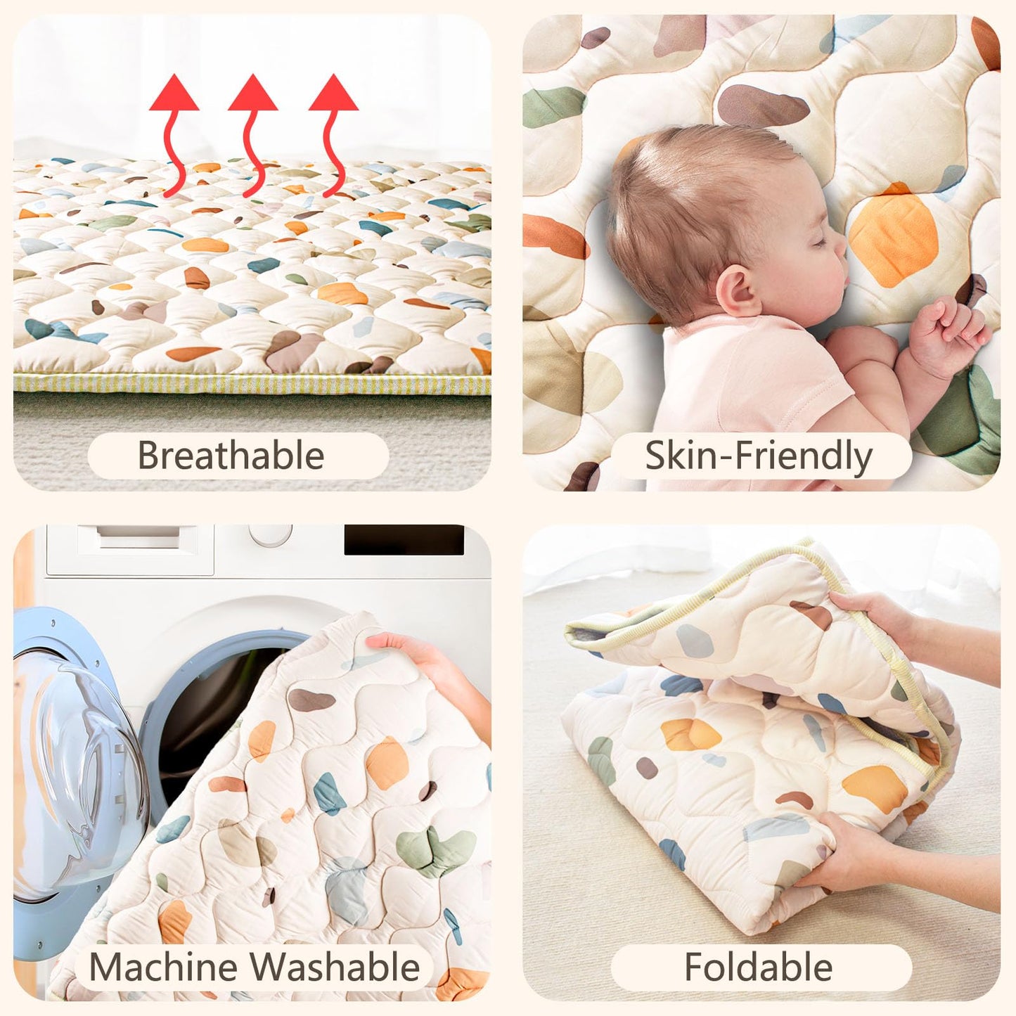 Beavtaens Baby Play Mat, 50x50 Playpen Mat with Super Soft Touch, Activity Playmat with Upgraded Anti-Slip Bottom, Machine Washable Crawling Mat for Floor & Picnic(Boho Color Blocks)