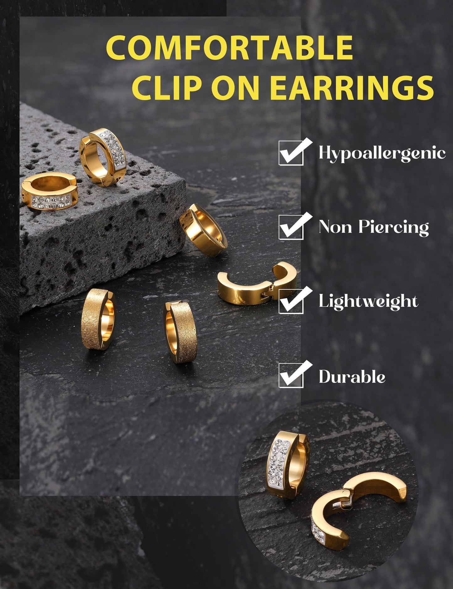 Jstyle 3 Pairs Stainless Steel Mens Womens Hoop Earrings Clip On CZ Non-Piercing G