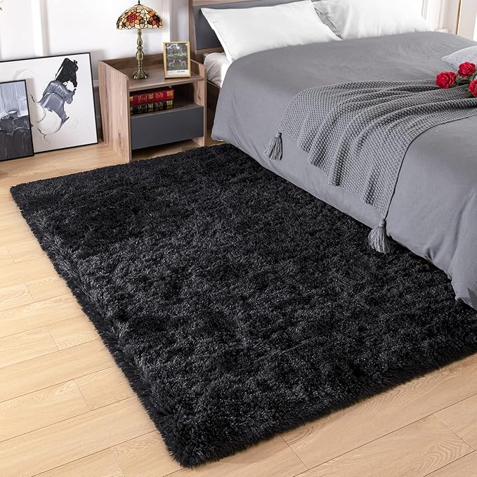 Amearea Premium Soft Area Rug 4x5.3 Feet, Black Rugs for Living Room, Fluffy Carpet for Bedroom Nursery Playroom Teen Home Decor, Comfortable Indoor Furry Dorm Carpets, Black