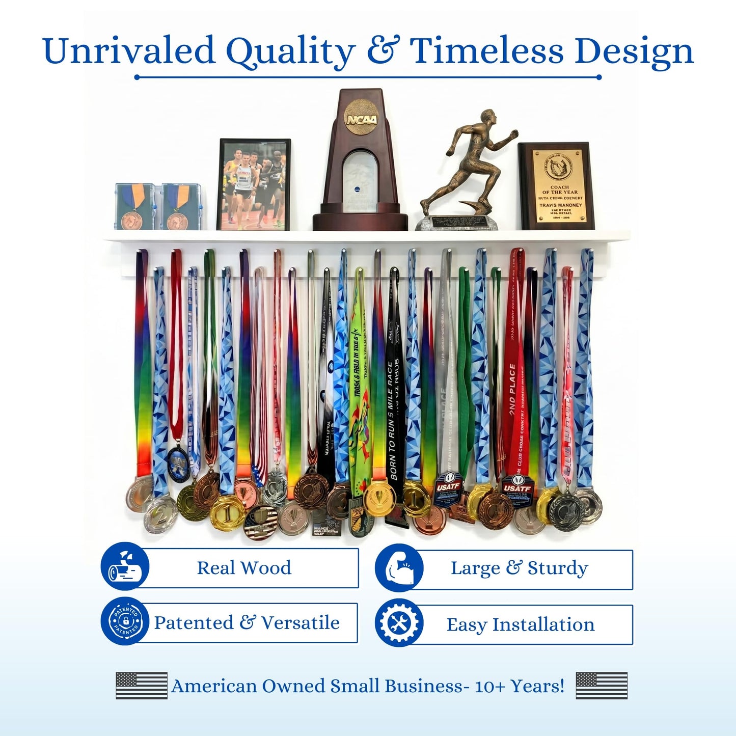 3ft Medal Hanger Display for Wall — Trophy Shelf with Hooks for Medals — 36" Solid Wood — Holds 30+ Medals + Cased Medals for Running, Gymnastics, Cheer, Karate — White- Medal Awards Rack