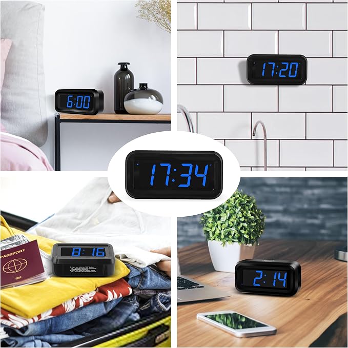 KWANWA Small Digital Alarm Clock, 1.2inch Dark Blue LED Digits, Adjustable Brightness, Dim Night Model, 12H/24H, Battery Operated, Wall Mount, Snooze, Clock for Kids Bedroom, Small Travel Clock
