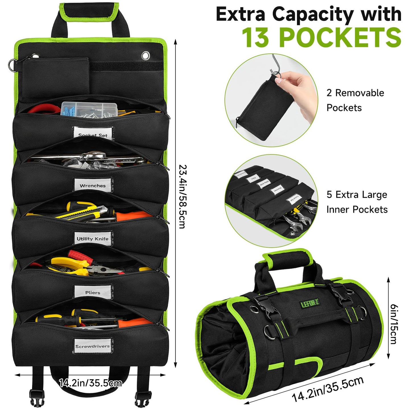 Tool Bag,Large Roll Up Tool Bag Organizer,13 Pockets Tool Roll Storage Pouch,Heavy Duty Portable Tool Storage Carrier Bag for Men,Mechanic,Electrician,Valentines Day Gifts for Men,Black/Green