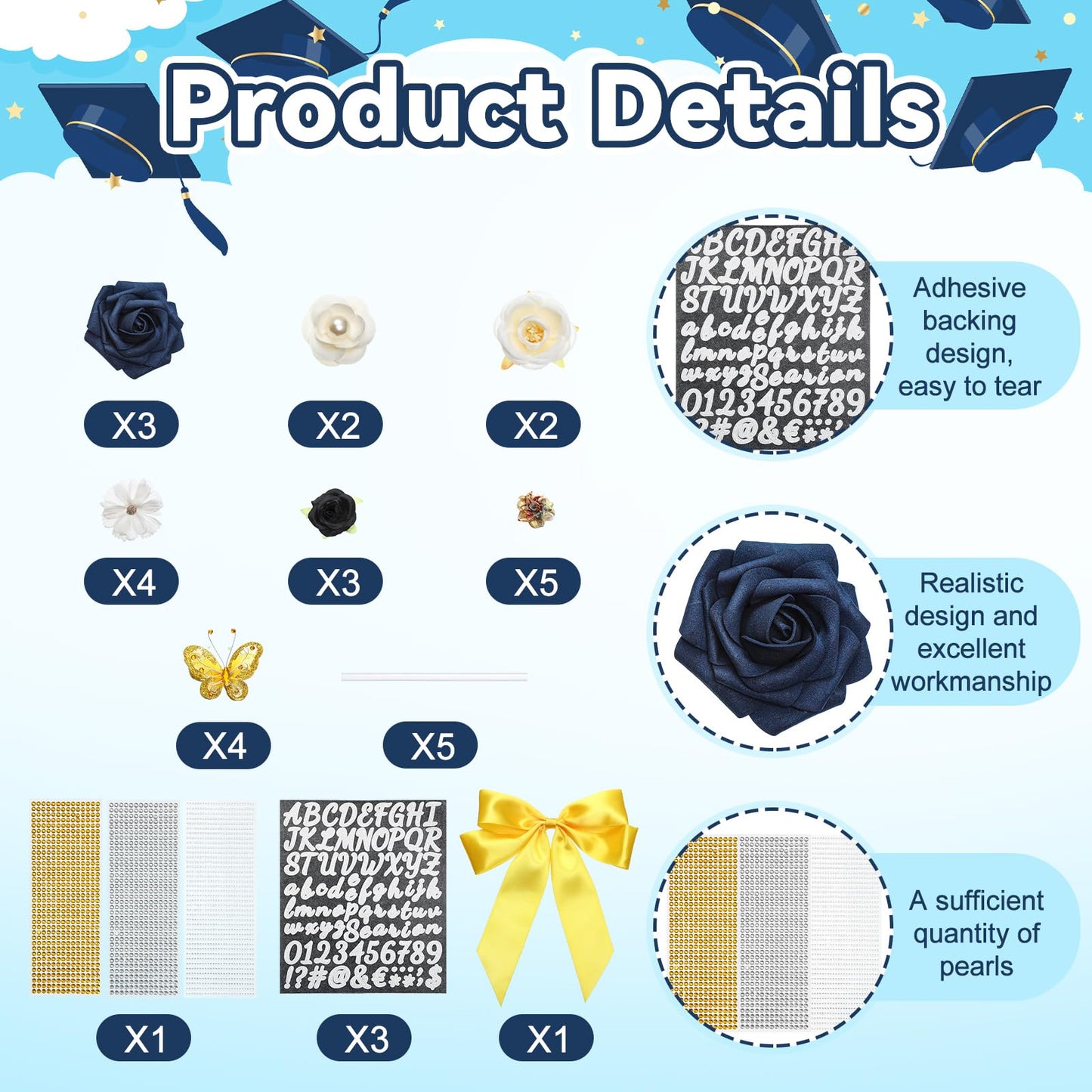 Knitgrip 33 DIY Graduation Cap Decorations Kit Blue 2026 Grad Cap Decor with Bow 3D Butterfly Faux Flowers Self-adhesive Rhinestones Letter for DIY Educated and Graduated Grad Hat Topper