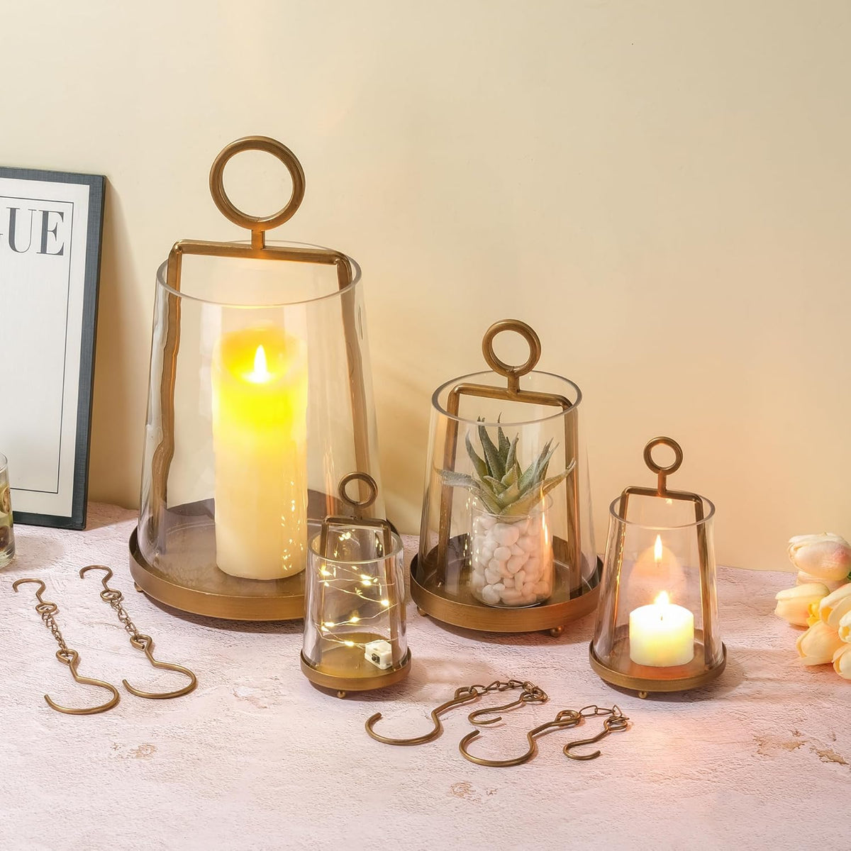 6" Wide Modern Farmhouse Metal Hurricane Candle Holder with Handmade Sturdy Glass Sleeve in Antique Brass for Pillar Candle & Plants, Hurricane Lantern, Industrial, Minimalistic (1, Brass, 6"x10")