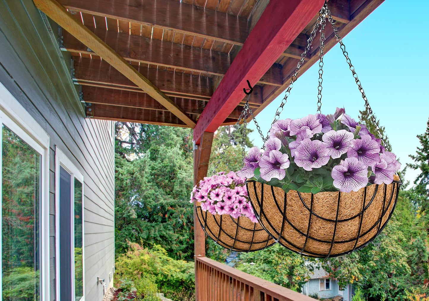 Deepthi Hanging Planter Baskets with Coco Coir Liners – Pack of 2 Metal Wire Flower Pots with Chains – Indoor Outdoor Porch Patio Garden Hanging Decor for Plants, Flowers, Herbs (12 inch)
