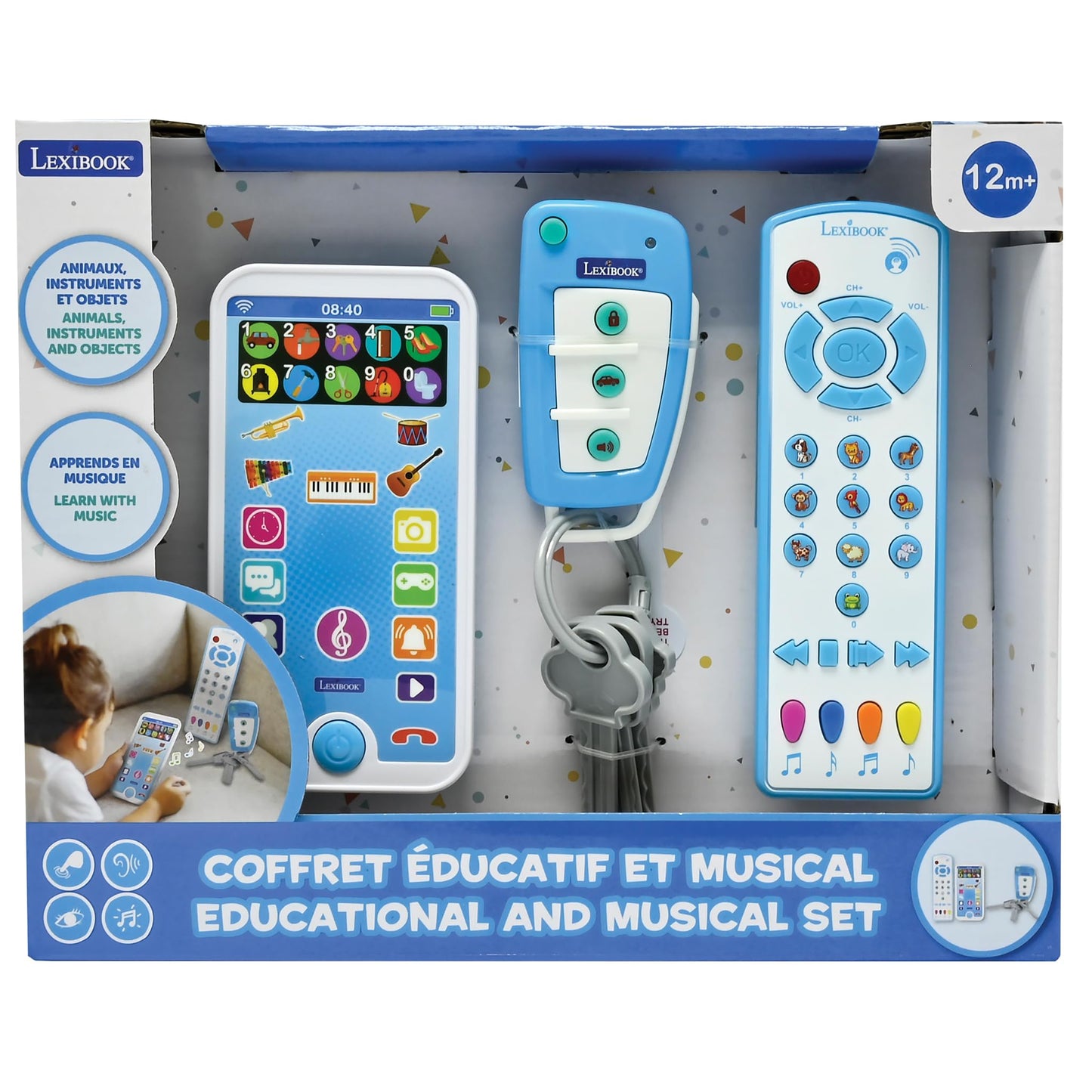 LEXiBOOK, Educational and Musical Set with Telephone, Remote Control and Key Ring, Imitation Game for Toddlers, Explore Animals, Musical Instruments and Everyday Objects, PS125