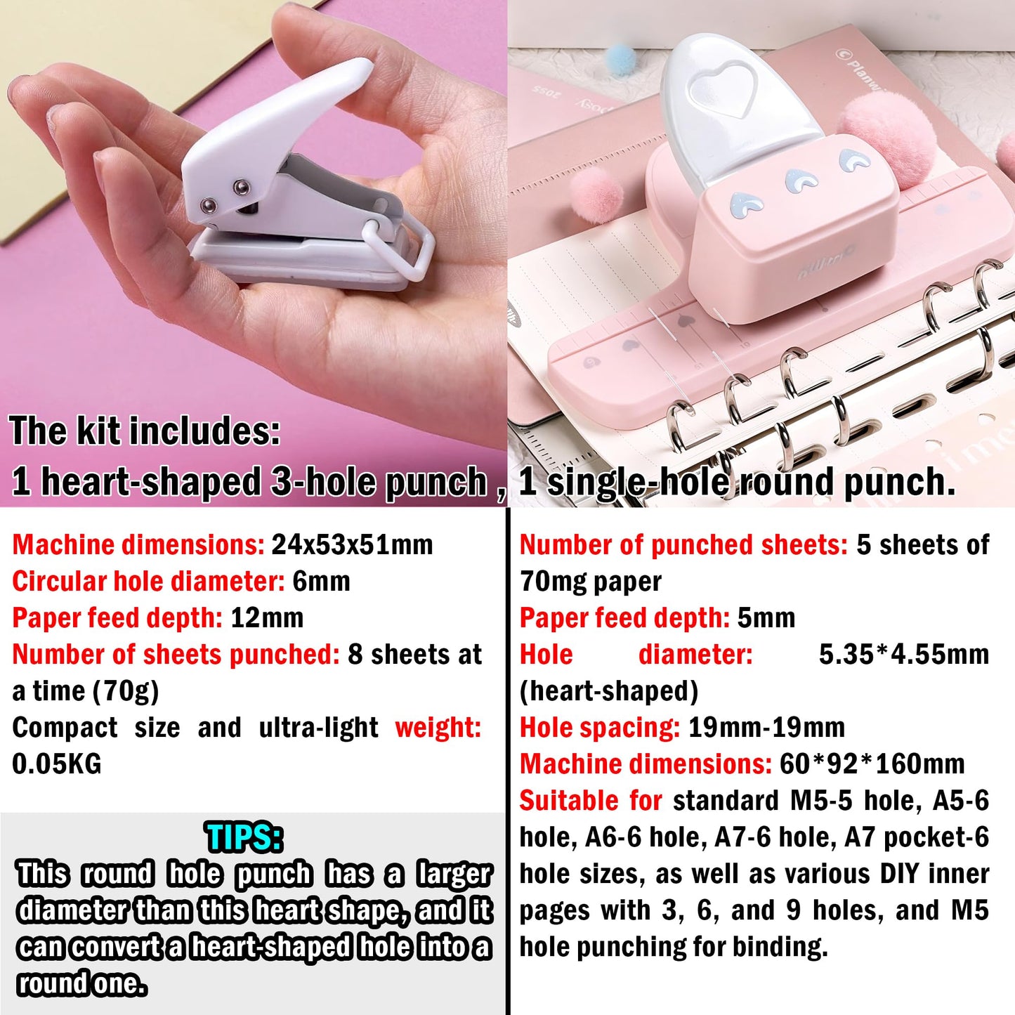 CATaireen Journal Paper Punch Kit Round Square Heart Mushroom Hole Puncher Craft Scrapbooking Tools Set Scrapbook Essentials Supplies (4.55 mm 3 Heart Holes)