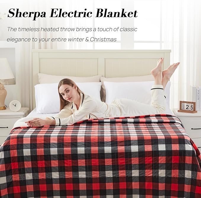 Westinghouse Electric Blanket Queen Size, Soft Flannel to Sherpa Heated Blanket with Dual Control 10 Heating Levels & 1 to 12 Hours Auto-Off, Machine Washable, Fast Heating, 84 * 90 Inch, Red