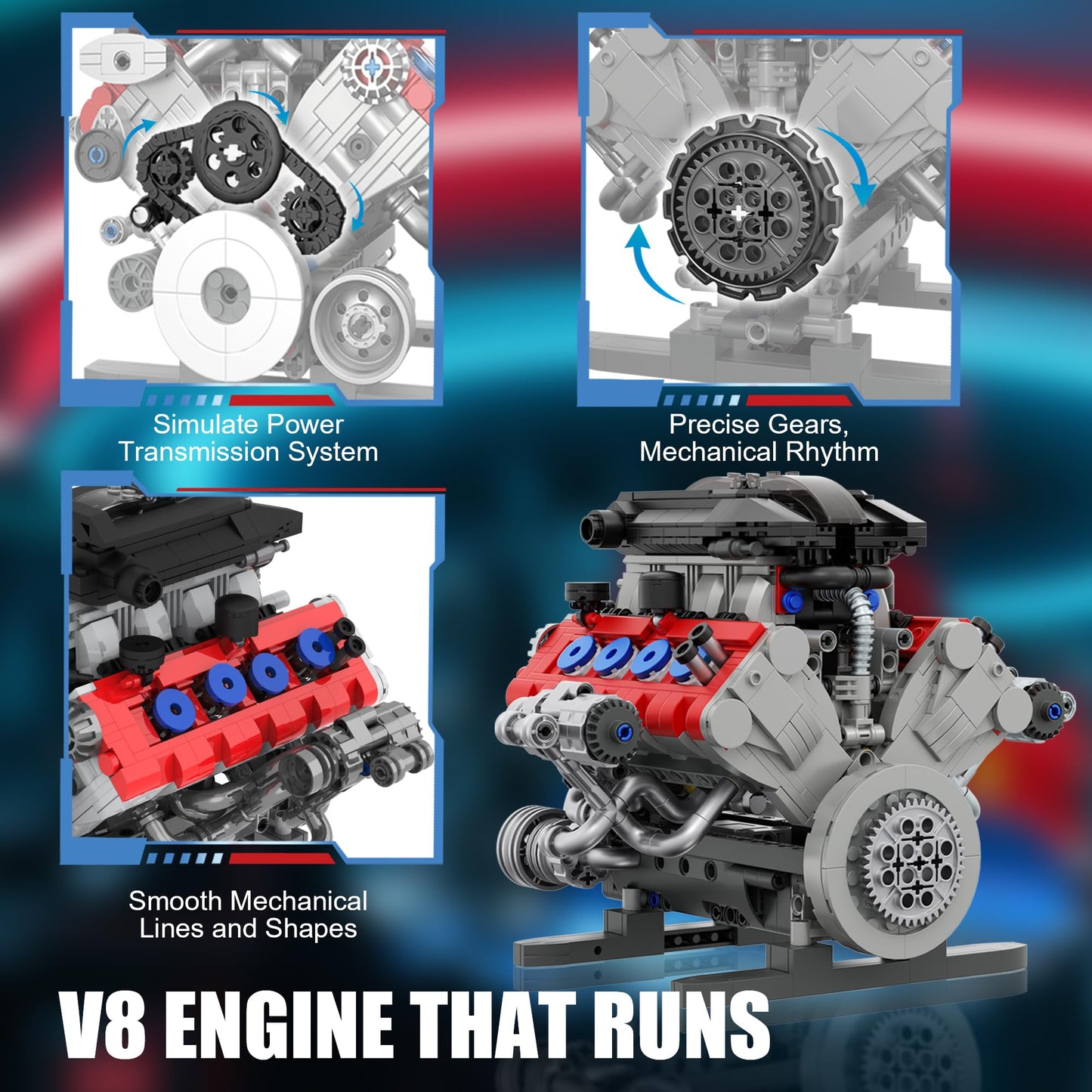 HUNKING V8 Engine Building Set for Adults, Build Your Own MOC Mini V8 Engine STEM Model Toy with Motor, Model kit that Run, Car Engine Building Blocks for Teens & Kids Boys (1189PCS)