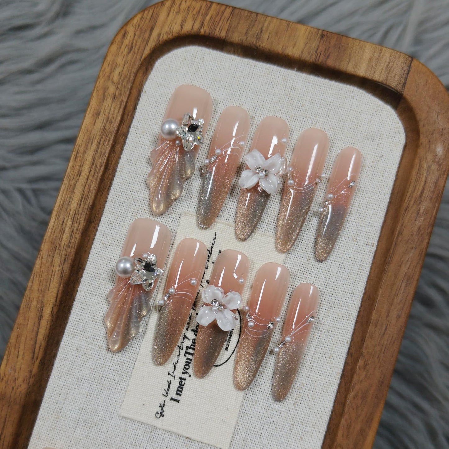TENPAL Cat Eye French Tips Press on Nails Long Stiletto- Icy Glitter & Pearl Sweet Design, with Hand Carving, Reusable & Glossy False Nails for Effortless Glam(S)