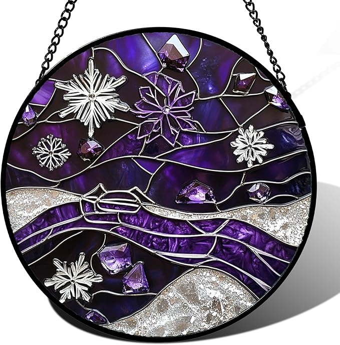 Stained Glass Window Hanging - Silver Purple Snowflakes Suncatcher for Doors Home Christmas Decoration Sun Catcher Thanksgiving New Year Birthday Gifts for Friend Women Men Mom Nana 7.8 in