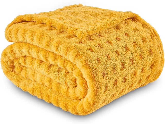 NEWCOSPLAY Super Soft Throw Blanket Yellow Premium Silky Flannel Fleece 3D Waffle Checkered Lightweight Bed Blanket All Season Use (Mustard Yellow, Throw(50"x70"))