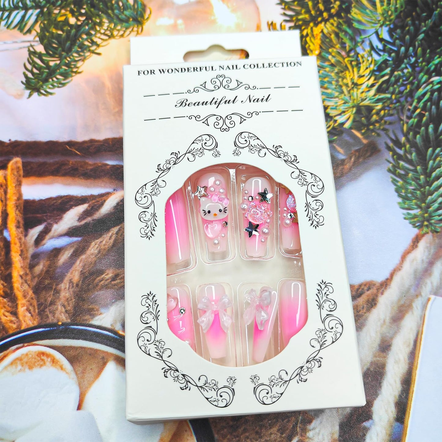 PDFADSK Pink Press on Nails Long Square Coffin Fake Nails Cartoon False Nails with 3D Pearl Nail Charms Design Acrylic Nails Full Cover Pink Artificial Nail for Women 24Pcs