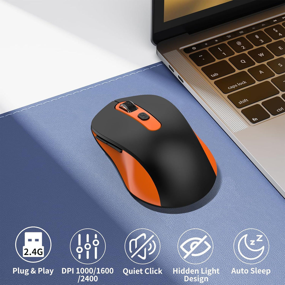 Wireless Mouse for Laptop, PC, Chromebook, Mac, MacBook, Silent Mouse with USB Nano Receiver, Side Button, 2400 DPI, Anti Slip Roller, 6 Button Ergonomics Cordless Computer Mice - Black Orange