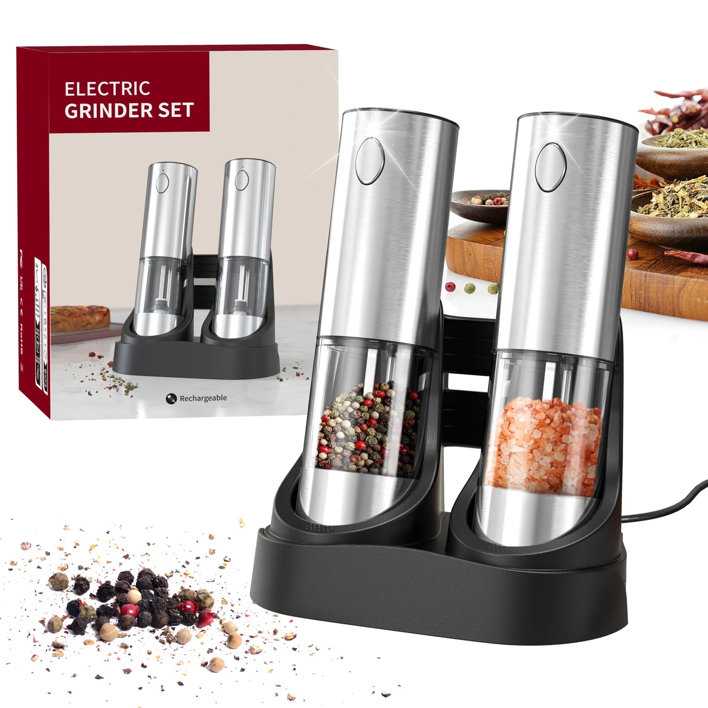 Electric Salt and Pepper Grinder Set, Rechargeable Automatic Stainless Steel Pepper Mills with LED Light, Upgraded Charging Base, Adjustable Coarseness, One-Hand Operation, House Warming Cooking Gifts
