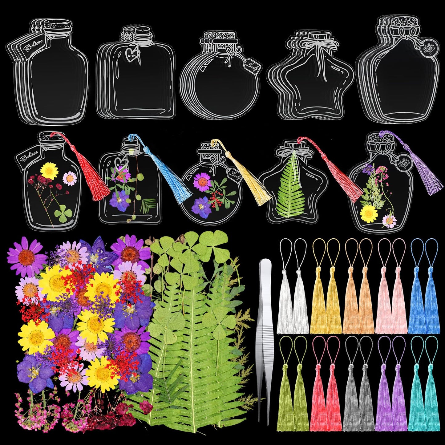 TaoBary 161 Pcs DIY Transparent Dried Flower Bookmark Set Include Clear Bookmarks Dried Flowers Colorful Tassels and Tweezer Handmade Dried Floral Bookmark for Reader Book Bottle(Pretty)