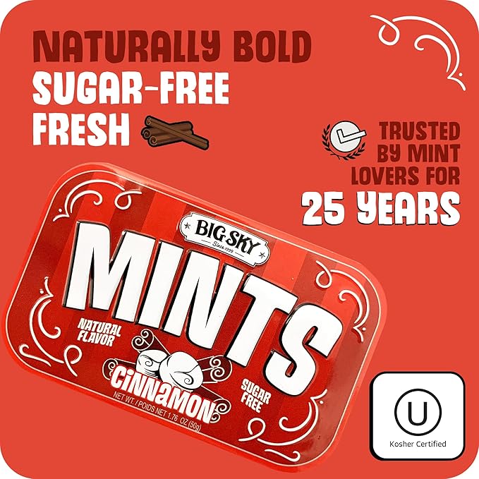 Big Sky Sugar Free Cinnamon Mint Candy, 50g Tin - 6 Count Display Tray