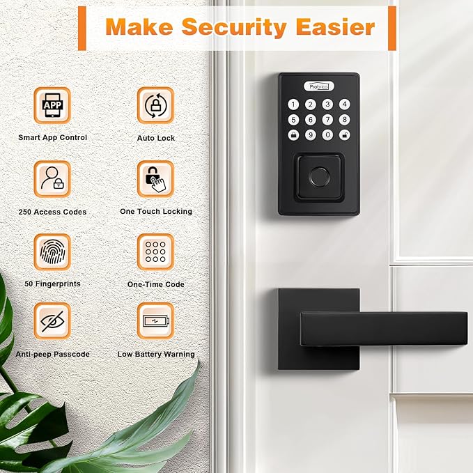 Probrico Keyless Entry Door Lock with Handle, Smart Locks for Front Door, Black Keypad Door Lock with Handle Fingerprint Lock, Electronic Keypad Deadbolt Lever, App Control, Auto Lock