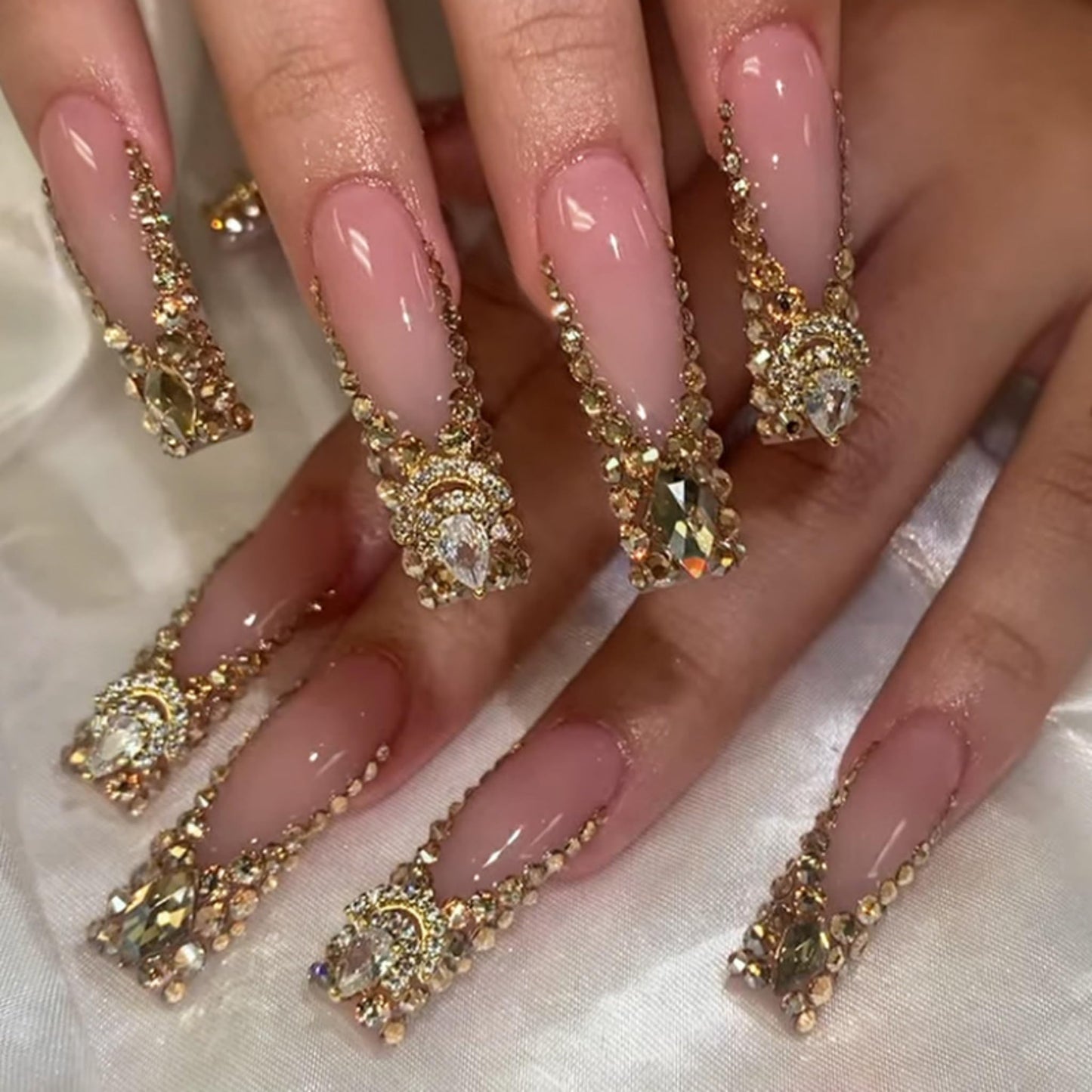 Square Press on Nails Long Fake Nails Gold Artificial Nail SEENEEY Rhinestones Sparkly Stick on Nail for Women 24pcs