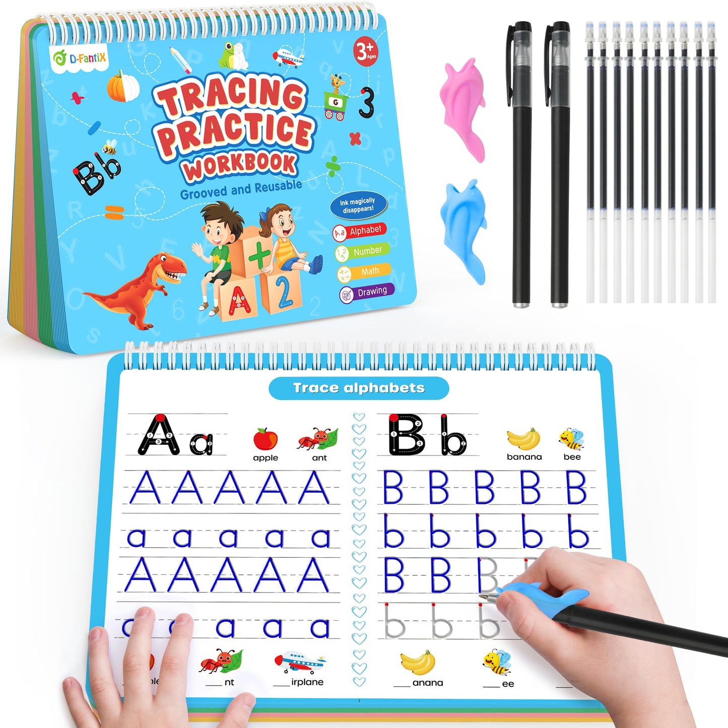 D-FantiX 4 in 1 Large Magic Grooved Writing Practice for Kids Age 3-5, Reusable Grooved Handwriting Practice for Kids 5-7, Learn to Write Number Letter Tracing Books for Kids Kindergarten Preschool