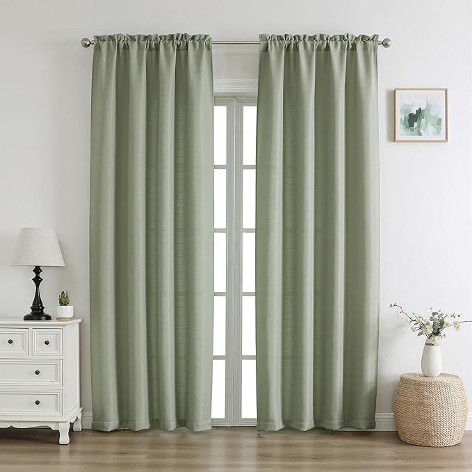 Chyhomenyc Bennet Light Green Curtains 84 Inches Long 2 Panels, Faux Linen Textured Semi Sheer Light Filtering Soft Airy Privacy Farmhouse Curtain Drapes for Living Room Bedroom, 40" Wx84 L