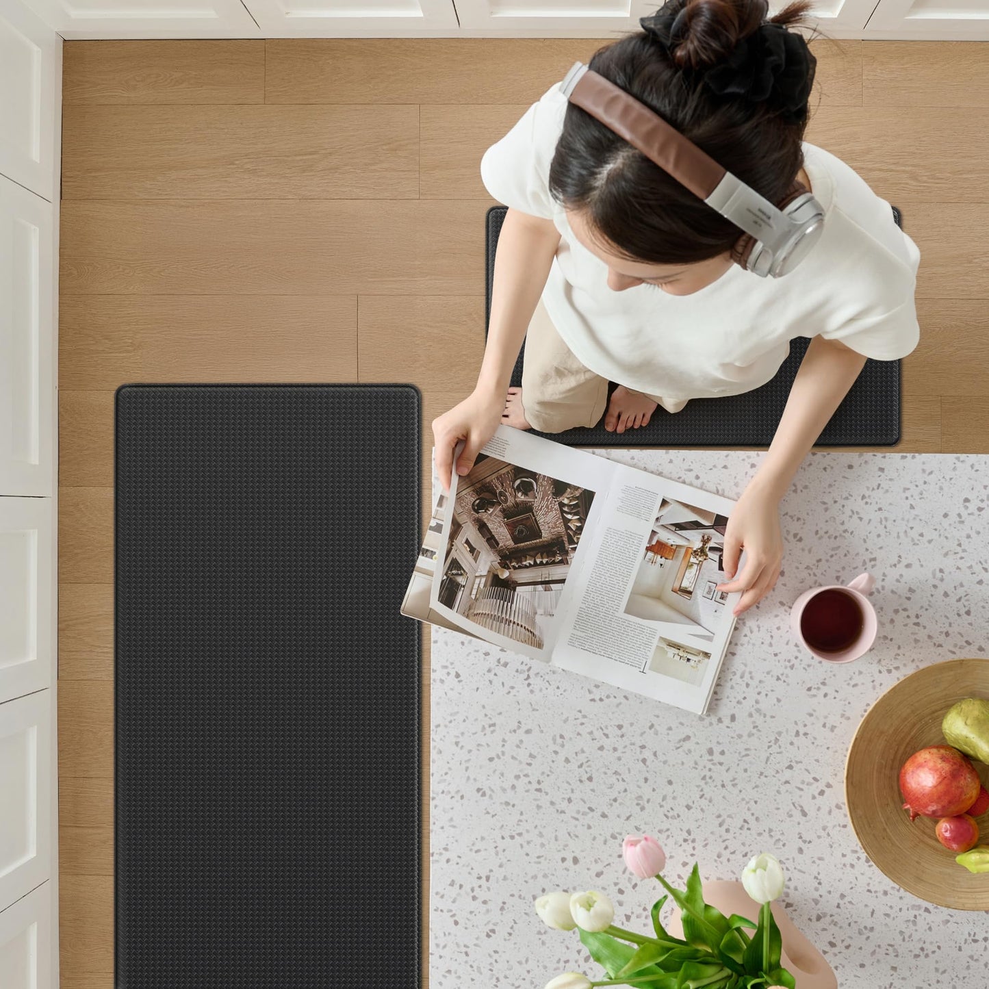 StepAura Kitchen Mats for Floor 2 Piece - 17"x29"+17"x47" Anti Fatigue Mats for Kitchen Floor - Non Slip Cushioned Rugs for Standing - Black