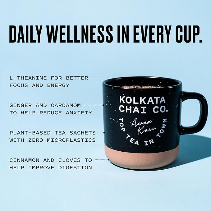Kolkata Chai - Decaf Chai Tea Bag, 45 Count, Premium Assam Black Tea and Spices, Compostable Tea Bags, Vegan, All Natural