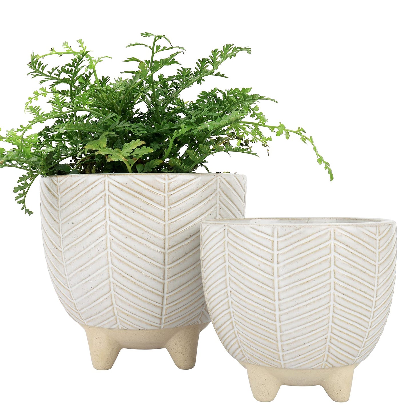LA JOLIE MUSE Ceramic Footed Flower Plant Pots - 6.7 + 5.1 Inch Boho Decor Indoor Planters with Drainage, Home Decor Gift, Beige