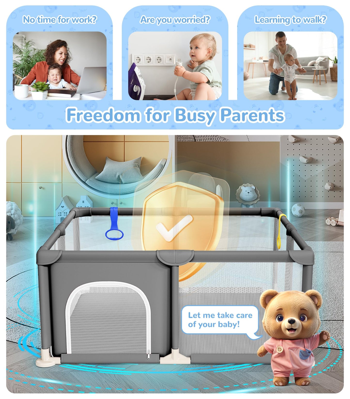 Dripex Baby Playpen, 47"x47" Small Playpen for Babies, Enhanced Safety Baby Play Yard for Indoor & Outdoor, Infant Play Pen with Soft Breathable Visible Mesh, Anti-Fall Design & Easy Setup, Grey