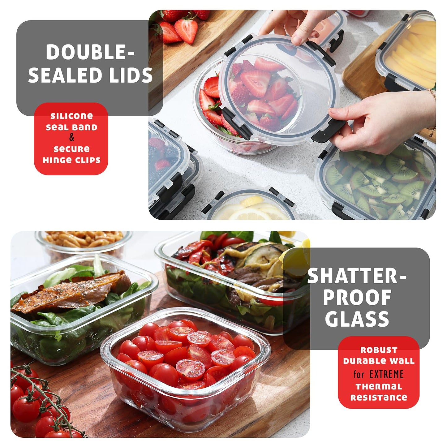 EATEX 48pc Glass Storage Containers with Lids, 24 Set Glass Food Storage Containers with 24 Airtight Lids, Pantry Kitchen Meal Prep Containers for Lunch, Freezer Storage Containers, Dishwasher Safe