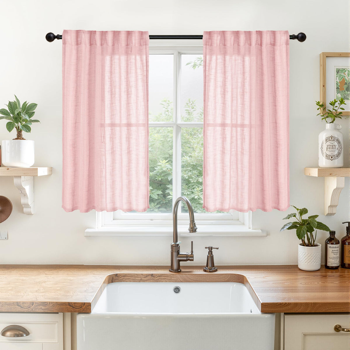 Light Pink Linen Kitchen Curtains 40 Inches Long (2 Count)