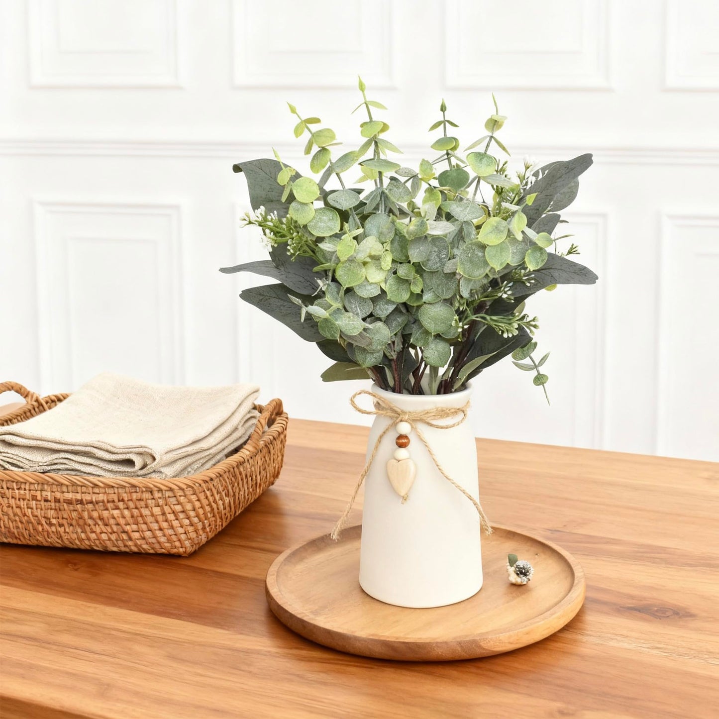 Artificial Silver Dollar Eucalyptus Stems in White Ceramic Vase, 14" Tall Faux Eucalyptus Picks with Twine Bow & Wooden Heart Charm, Full Greenery for Home Decor, Table Centerpiece, Shelf & Office