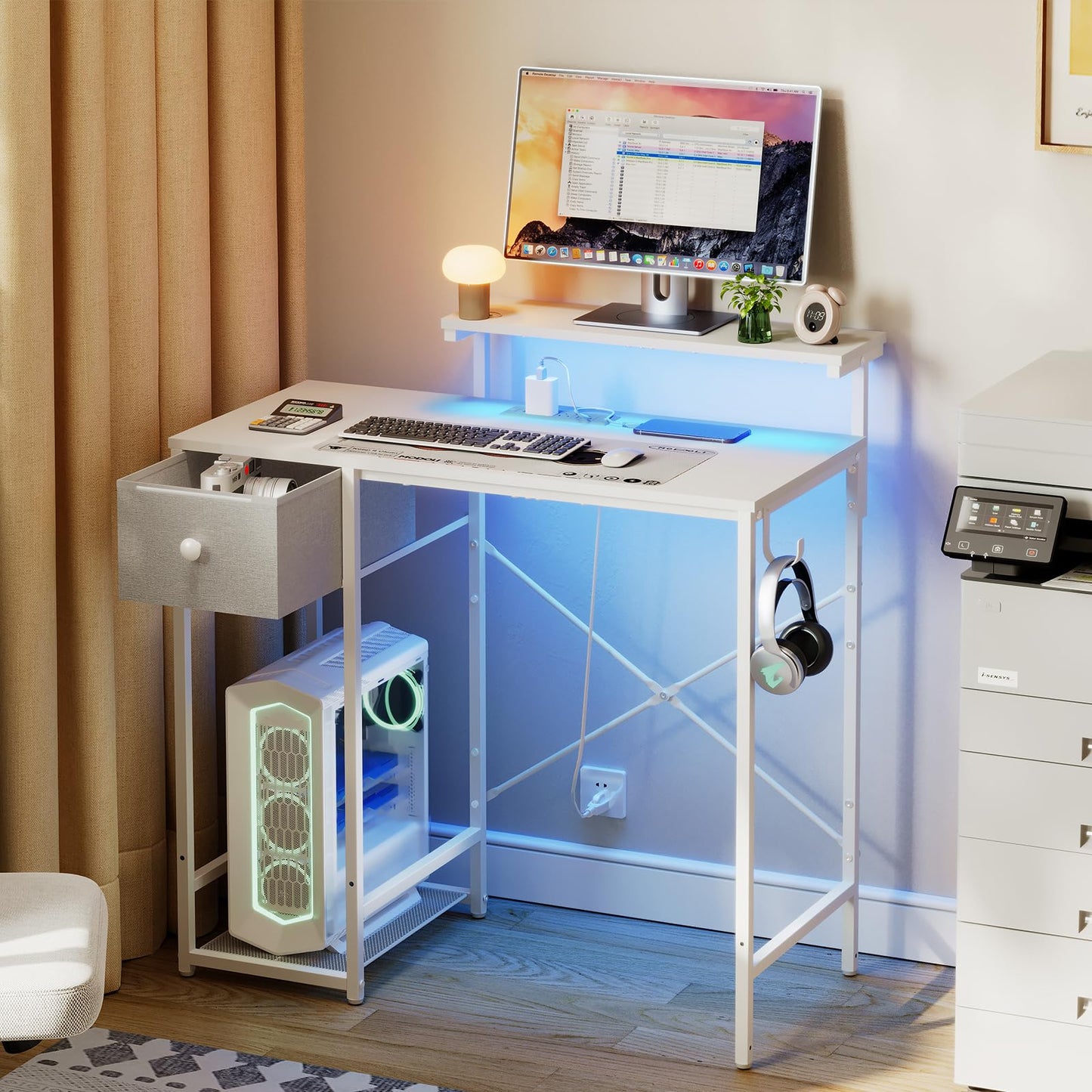 X-cosrack 33.5" Small Gaming Desk with LED Lights & Power Outlets, Compact Computer Desk with Monitor Stand & CPU Stand, Gamer Table with Storage Drawer, Side Hooks for Home Office, Bedroom, White