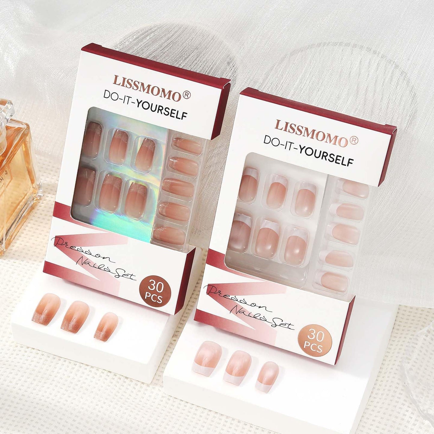 Press on Nails Short Square French Tip 2 Pack, Nude Pink|Caramel Brown Nail Press ons with Gold Glitter - 60Pcs Stick on Nails Kit, Reusable False Nails for Women (L2270_2091)