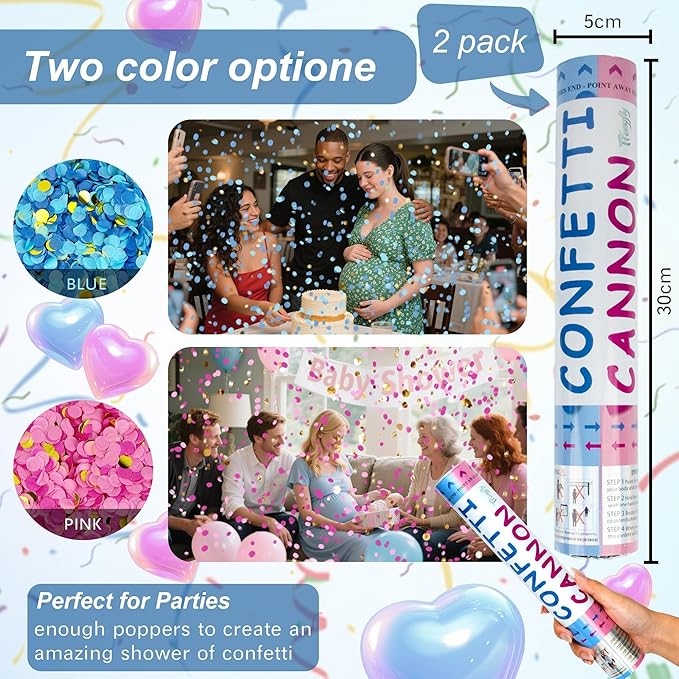 2 Pack Gender Reveal Confetti Cannon, 12 in Blue Round shaped Paper Party Poppers Cannons, Confetti Poppers For Baby Boy Girl Gender Reveal Baby Showers (Round, Blue)