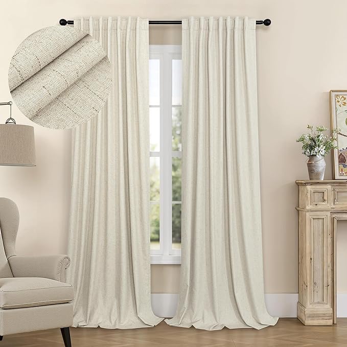 Burlap Curtains 90 Inches Long for Bedroom 2 Panel 100 Percent Blackout Linen Textured Full Light Blocking Cottage Drape for Living Room Dining Noise Reducing Sound Proof Curtains 52x90 Length Beige