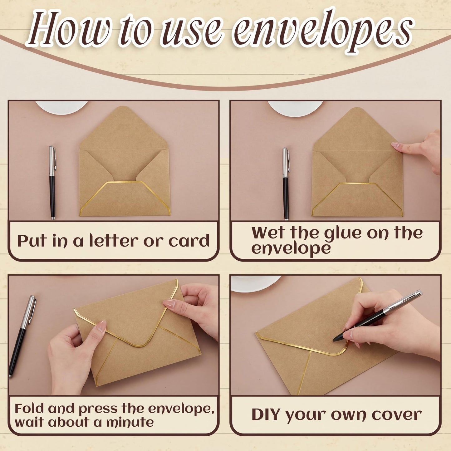 Cholemy Brown 4 x 6 Envelopes 50 Pack A6 Card Envelopes with Gold Border, 180 Gsm Self Adhesive V Flap Invitation Envelope for Wedding Bridal Shower Birthday Greeting Graduation Mailing Funeral