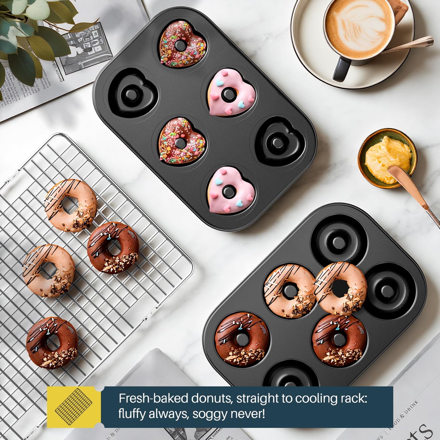16-Piece Nonstick Bakeware Set with Oven Mitts, Donut Pan, and Heart Pan, Stackable Carbon Steel Baking Pans Set with Kitchen Utensils and Rack, Ceramic Coating, Black