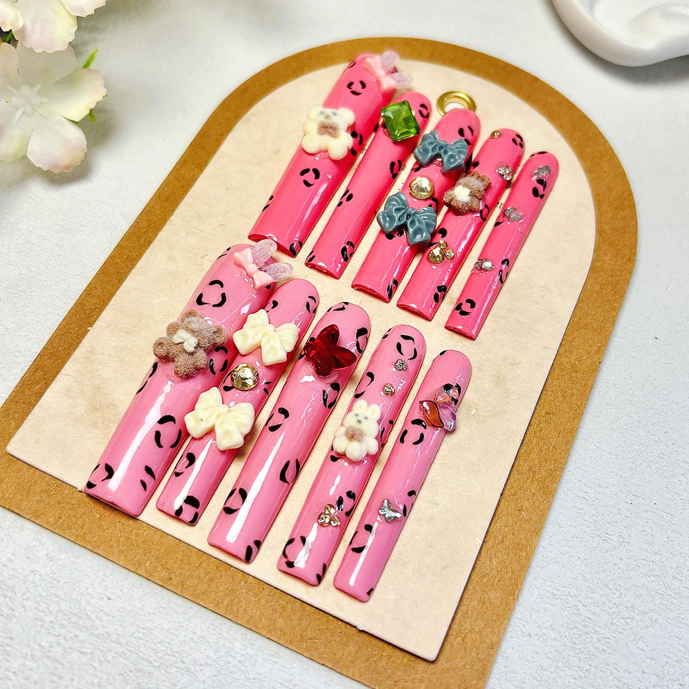 Long Square Pink Press on Nails -Cute Decorative Fake Nails with Bowknot for Women